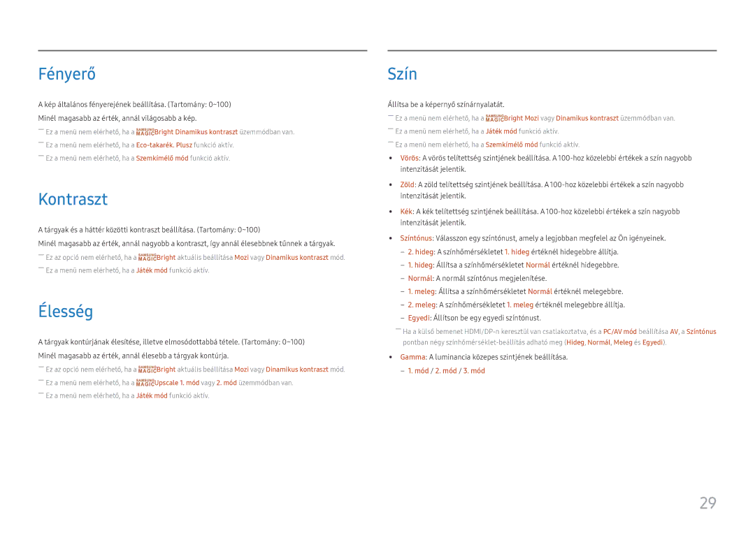Samsung LC27F390FHUXEN, LC27F398FWUXEN, LC32F391FWUXEN, LC24F390FHUXEN, LC27F396FHUXEN manual Fényerő, Kontraszt, Élesség, Szín 