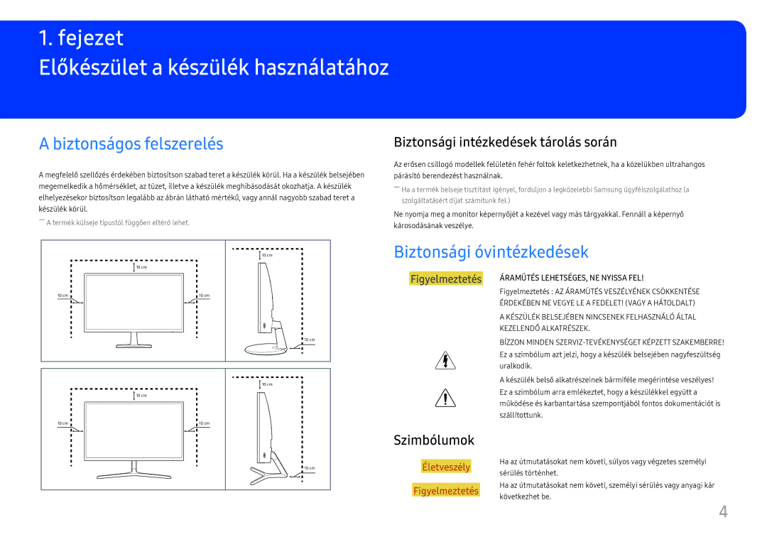 Samsung LC24F396FHUXEN manual Előkészület a készülék használatához, Biztonságos felszerelés, Biztonsági óvintézkedések 