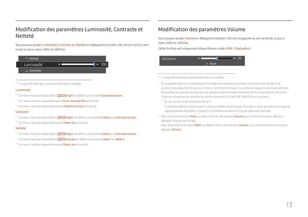 Samsung LC27F390FHUXEN Modification des paramètres Luminosité, Contraste et Netteté, Modification des paramètres Volume 
