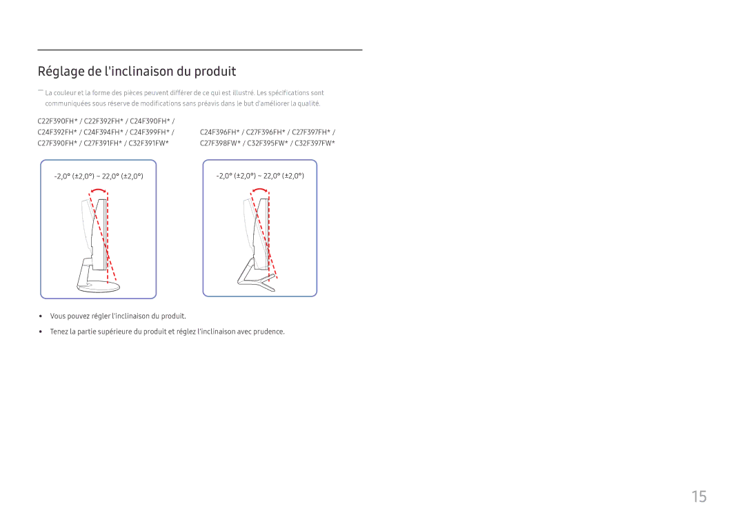 Samsung LC32F391FWUXEN, LC27F398FWUXEN, LC24F390FHUXEN, LS22E45UDWG/EN, LC27F396FHUXEN Réglage de linclinaison du produit 