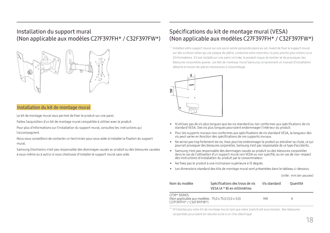 Samsung LC27F396FHUXEN manual Installation du support mural, Nom du modèle Spécifications des trous de vis, Quantité 