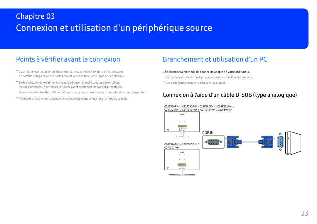 Samsung LC24F390FHUXEN Connexion et utilisation dun périphérique source, Connexion à laide dun câble D-SUB type analogique 