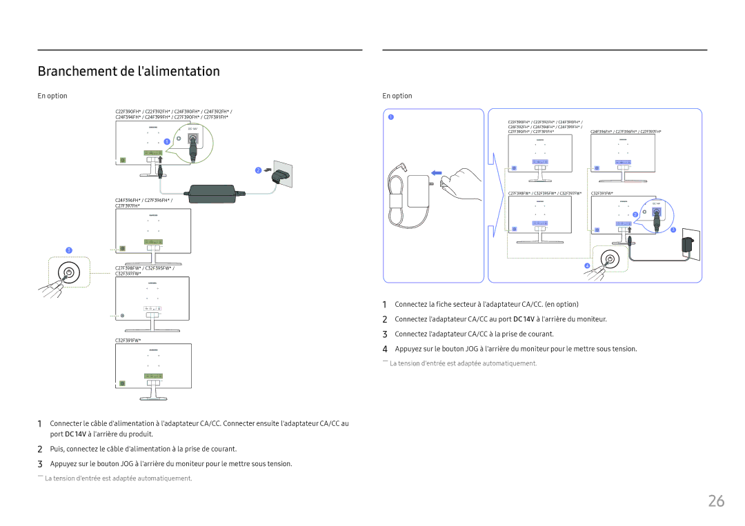 Samsung LC24F396FHUXEN, LC27F398FWUXEN, LC32F391FWUXEN, LC24F390FHUXEN manual Branchement de lalimentation, En option 
