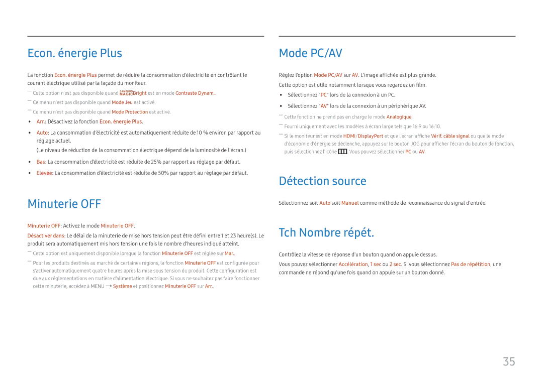 Samsung LC27F398FWUXEN, LC32F391FWUXEN Econ. énergie Plus, Minuterie OFF, Mode PC/AV, Détection source, Tch Nombre répét 