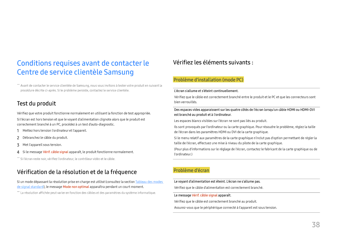 Samsung LS22E45UDWG/EN, LC27F398FWUXEN, LC32F391FWUXEN Guide de dépannage, Test du produit, Vérifiez les éléments suivants 