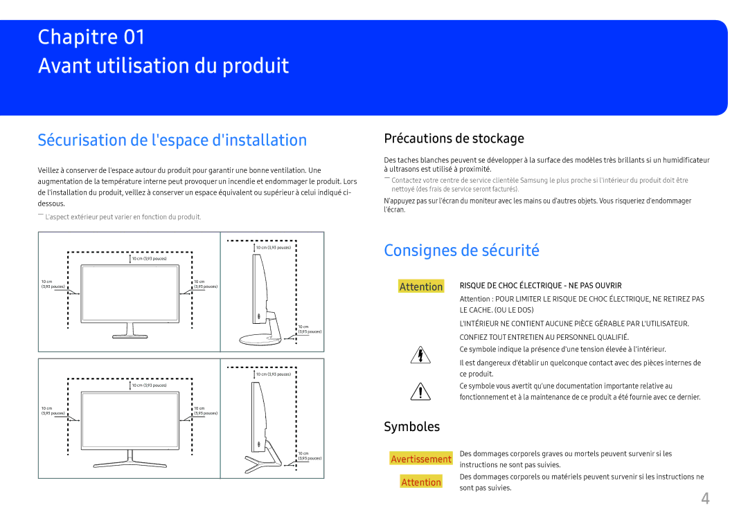 Samsung LC27F396FHUXEN manual Avant utilisation du produit, Sécurisation de lespace dinstallation, Consignes de sécurité 