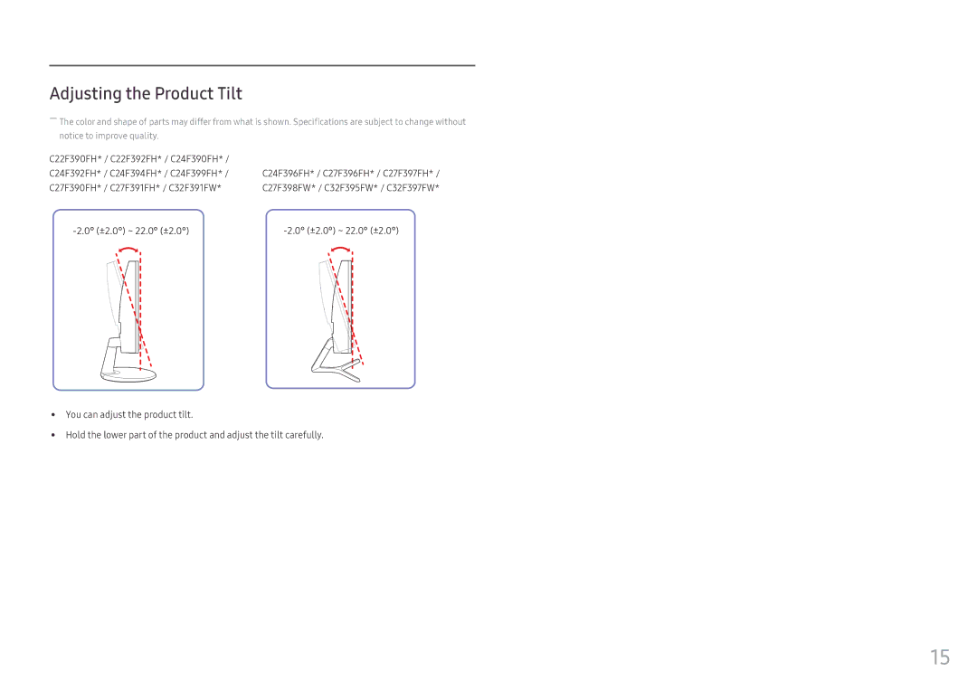 Samsung LC27F397FHEXXV, LC27F398FWUXEN, LC32F391FWUXEN, LC24F390FHUXEN, LS22E45UDWG/EN manual Adjusting the Product Tilt 