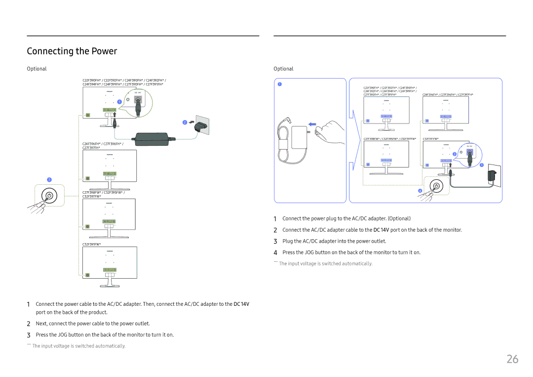 Samsung LS22E45UDW/CH, LC27F398FWUXEN, LC32F391FWUXEN, LC24F390FHUXEN, LS22E45UDWG/EN manual Connecting the Power, Optional 