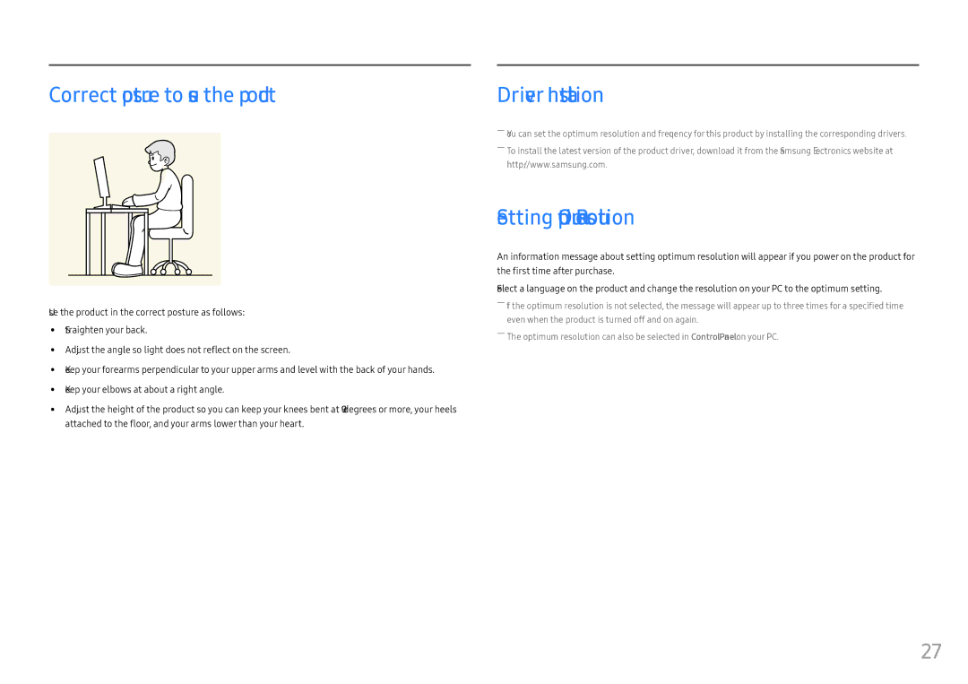 Samsung LC27F391FHMXCH, LC27F398FWUXEN Correct posture to use the product, Driver Installation, Setting Optimum Resolution 