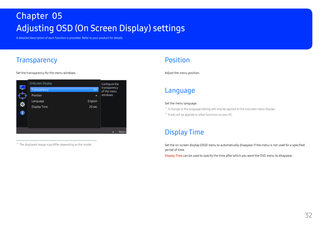 Samsung LC32F391FWUXEN manual Adjusting OSD On Screen Display settings, Transparency, Position, Language, Display Time 