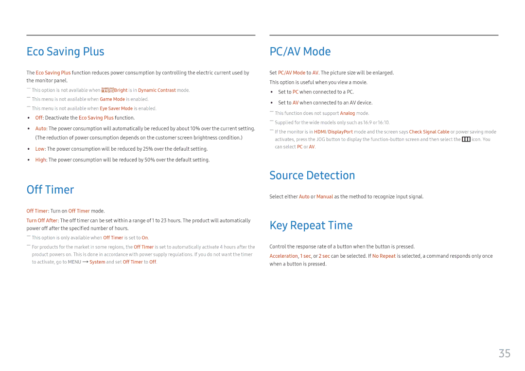 Samsung LC27F396FHUXEN, LC27F398FWUXEN manual Eco Saving Plus, Off Timer, PC/AV Mode, Source Detection, Key Repeat Time 