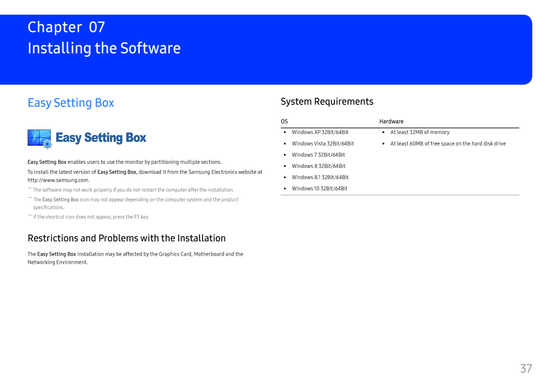 Samsung LC27F390FHUXEN manual Installing the Software, Easy Setting Box, Restrictions and Problems with the Installation 