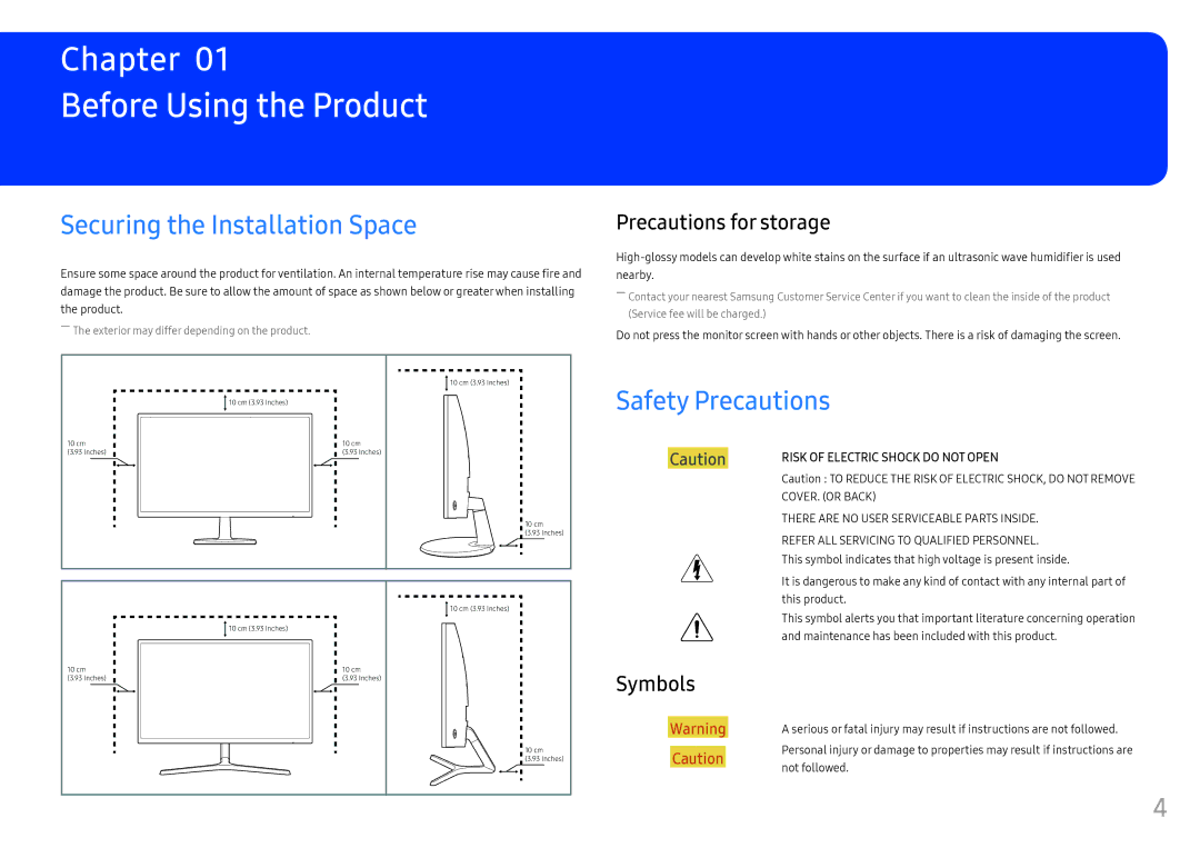 Samsung LC27F396FHUXEN manual Before Using the Product, Securing the Installation Space, Safety Precautions, Symbols 