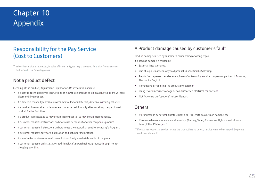 Samsung LC27F390FHEXXV manual Appendix, Responsibility for the Pay Service Cost to Customers, Not a product defect, Others 