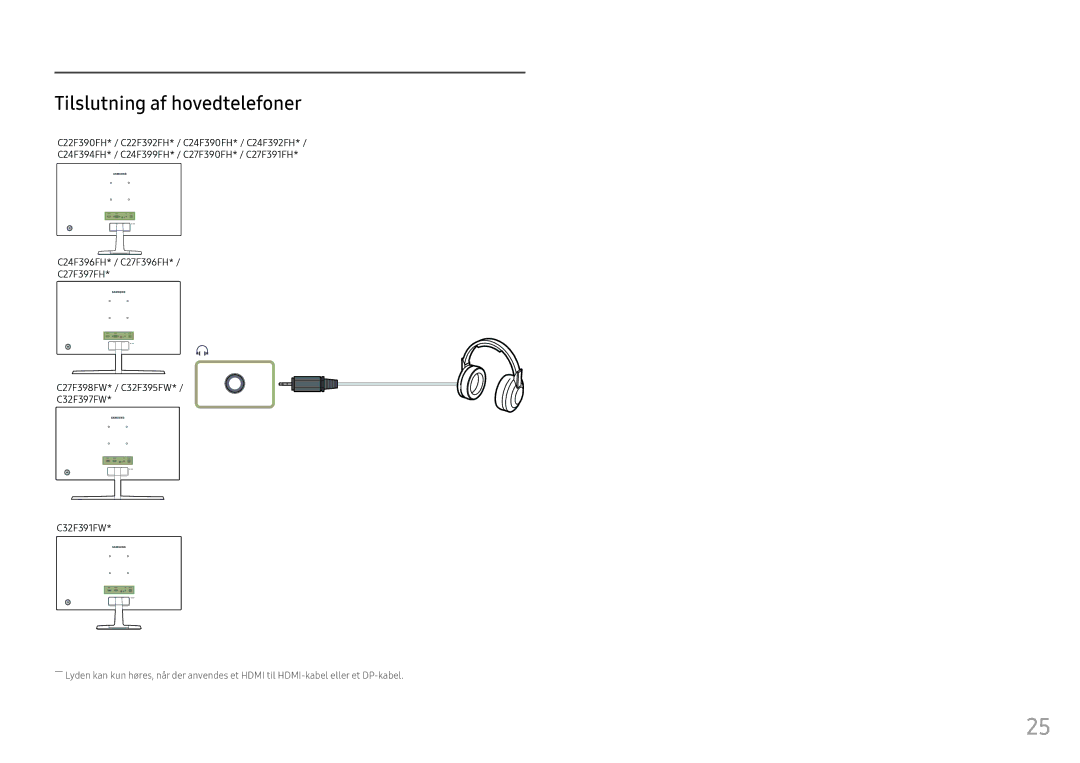 Samsung LC32F391FWUXEN, LC27F398FWUXEN, LC24F390FHUXEN, LS22E45UDWG/EN, LC27F396FHUXEN manual Tilslutning af hovedtelefoner 