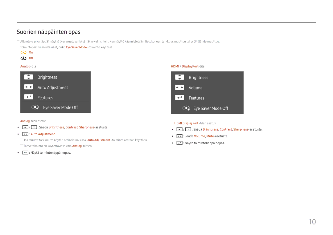 Samsung LS22E45UDWK/EN, LC27F398FWUXEN Suorien näppäinten opas, Brightness Auto Adjustment Features Eye Saver Mode Off 