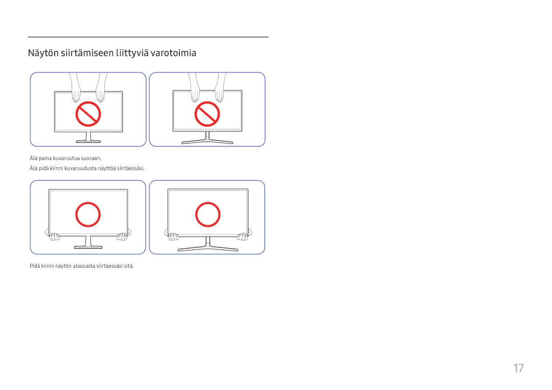 Samsung LC24F396FHUXEN, LC27F398FWUXEN, LC32F391FWUXEN, LC24F390FHUXEN manual Näytön siirtämiseen liittyviä varotoimia 