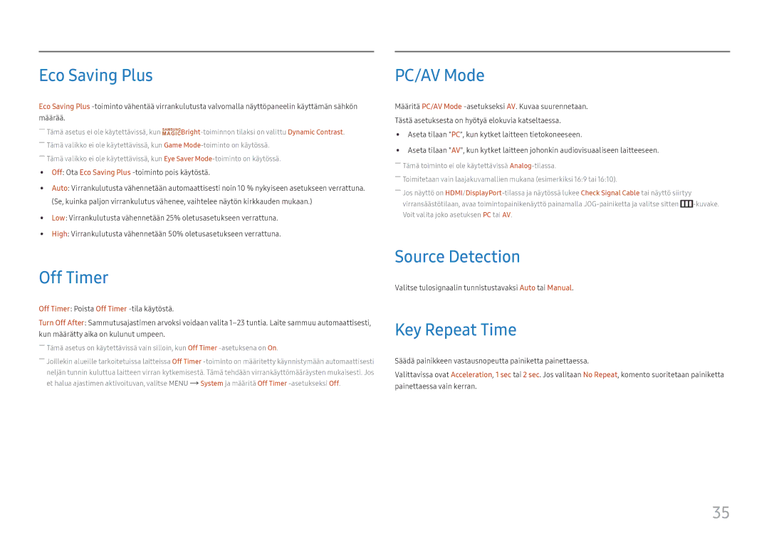 Samsung LS24E45UDLC/XE, LC27F398FWUXEN manual Eco Saving Plus, Off Timer, PC/AV Mode, Source Detection, Key Repeat Time 