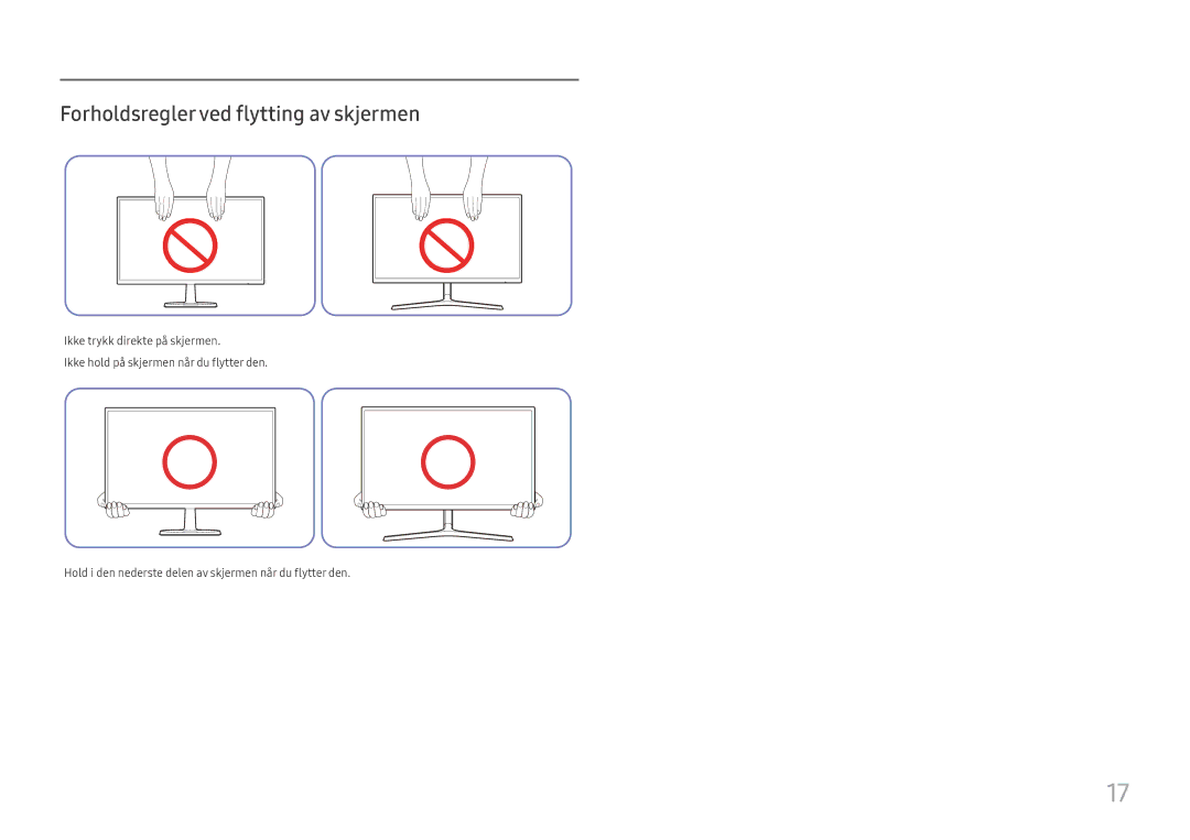 Samsung LS22E45UDW/EN, LC27F398FWUXEN, LC32F391FWUXEN, LC24F390FHUXEN, LS22E45UDWG/EN Forholdsregler ved flytting av skjermen 