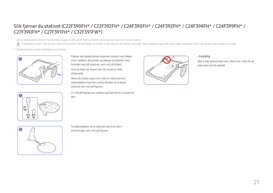 Samsung LC32F391FWUXEN, LC27F398FWUXEN, LC24F390FHUXEN, LS22E45UDWG/EN, LC27F396FHUXEN, LC24F396FHUXEN, LS22E45UDW/EN Forsiktig 