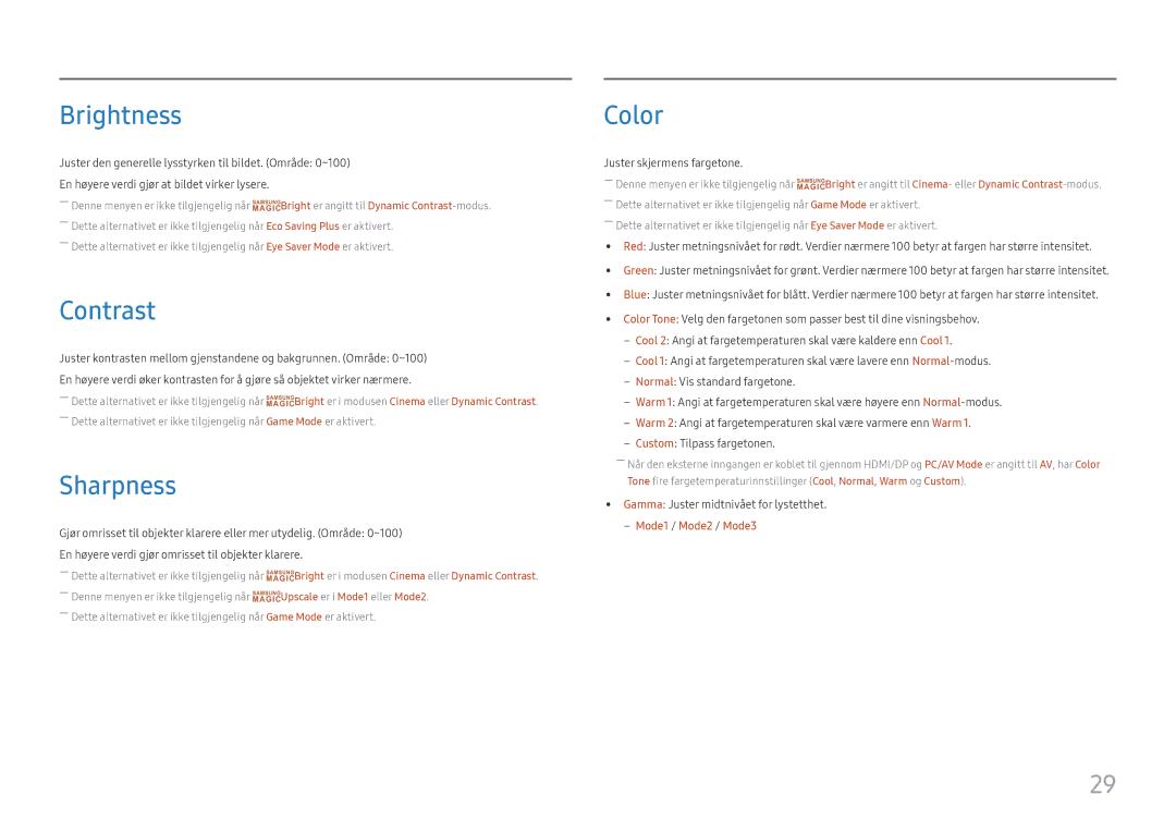 Samsung LS22E45UDWK/EN, LC27F398FWUXEN, LC32F391FWUXEN Brightness, Contrast, Sharpness, Color, ‒‒ Mode1 / Mode2 / Mode3 