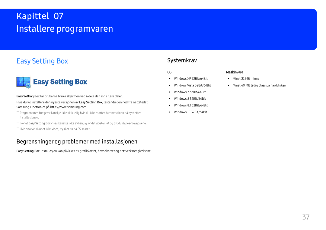 Samsung LS22E45UDW/EN Installere programvaren, Easy Setting Box, Begrensninger og problemer med installasjonen, Systemkrav 