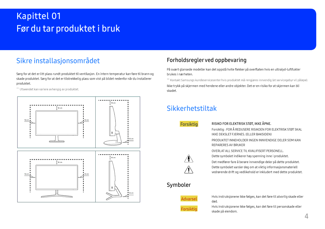 Samsung LC27F396FHUXEN, LC27F398FWUXEN Før du tar produktet i bruk, Sikre installasjonsområdet, Sikkerhetstiltak, Symboler 