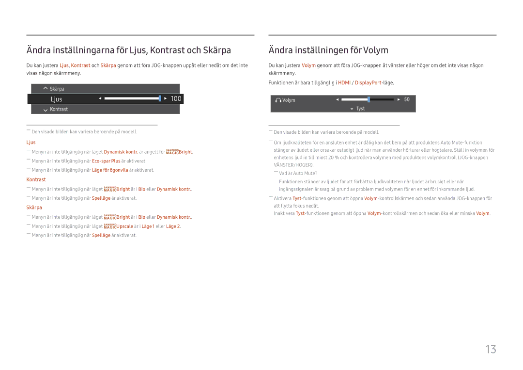 Samsung LS22E45UDWG/EN, LC27F398FWUXEN Ändra inställningarna för Ljus, Kontrast och Skärpa, Ändra inställningen för Volym 