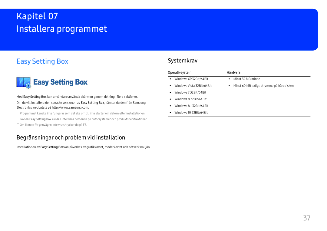 Samsung LS22E45UDW/EN Installera programmet, Easy Setting Box, Begränsningar och problem vid installation, Systemkrav 
