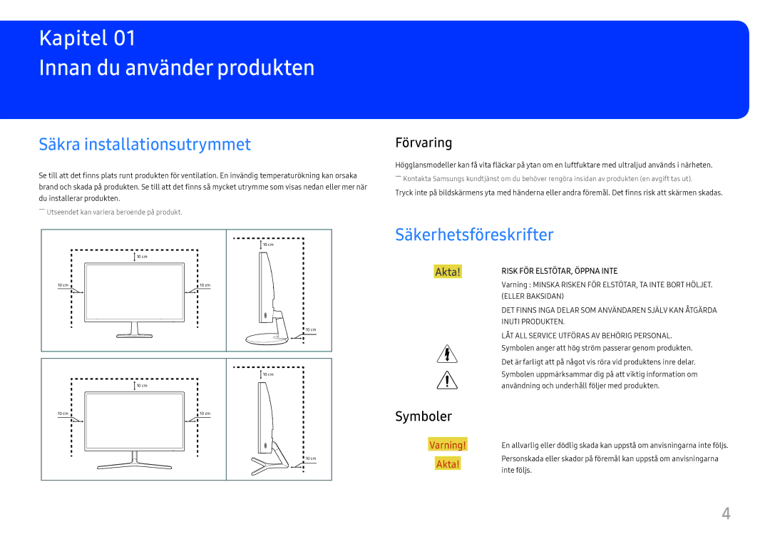 Samsung LC27F396FHUXEN manual Innan du använder produkten, Säkra installationsutrymmet, Säkerhetsföreskrifter, Förvaring 