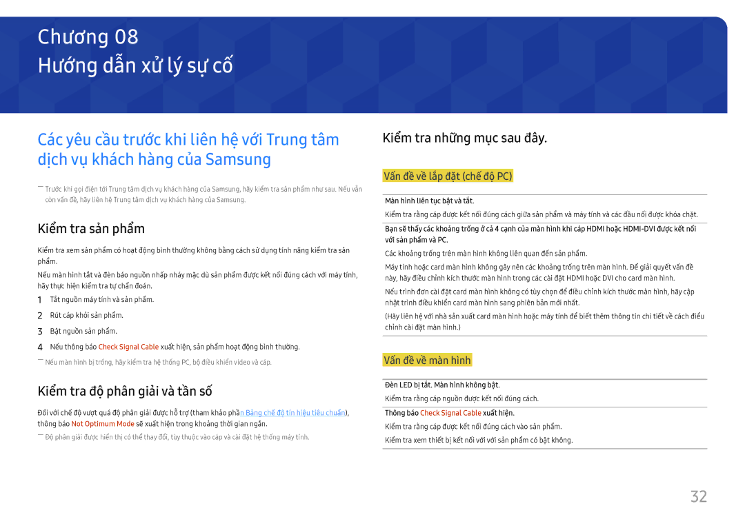 Samsung LC27F581FDEXXV manual Hướng dẫn xử lý́ sự cố, Kiểm tra sản phẩ̉m, Kiểm tra độ̣ phân giải và̀ tần số 