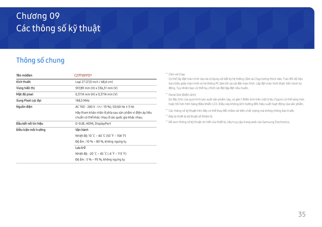 Samsung LC27F581FDEXXV manual Cac thông số kỹ thuậ̣t, Thông sô chung, Tên môđen 