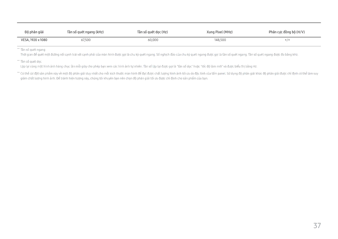 Samsung LC27F581FDEXXV manual Tần số quét dọ̣c Hz Xung Pixel MHz Phân cực đồ̀ng bộ̣ H/V 