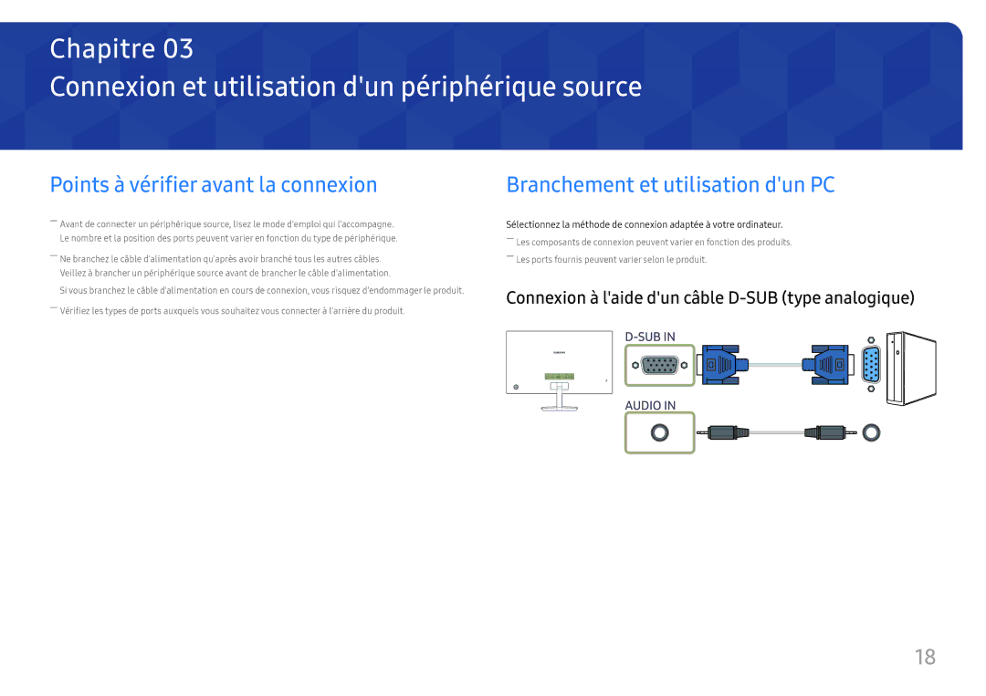 Samsung LC27F581FDUXEN manual Connexion et utilisation dun périphérique source, Points à vérifier avant la connexion 