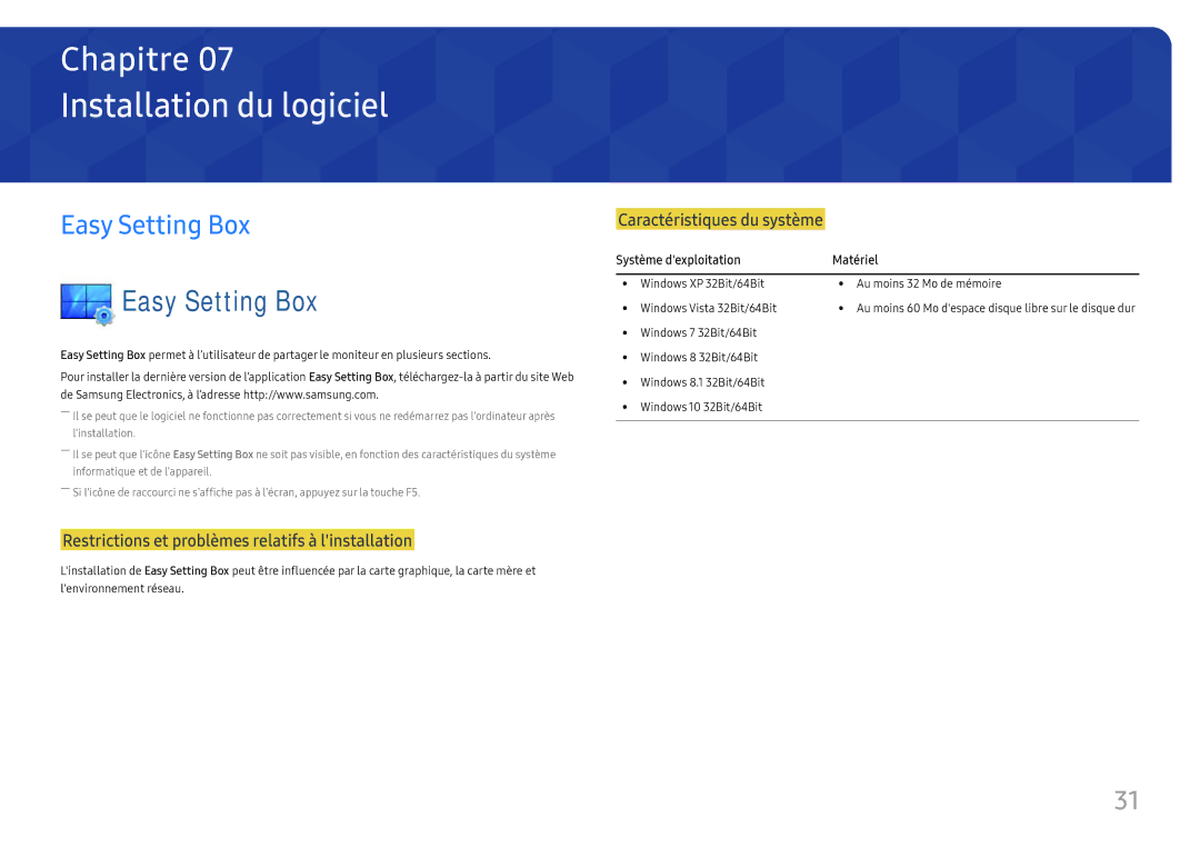 Samsung LC27F581FDUXEN manual Installation du logiciel, Easy Setting Box 
