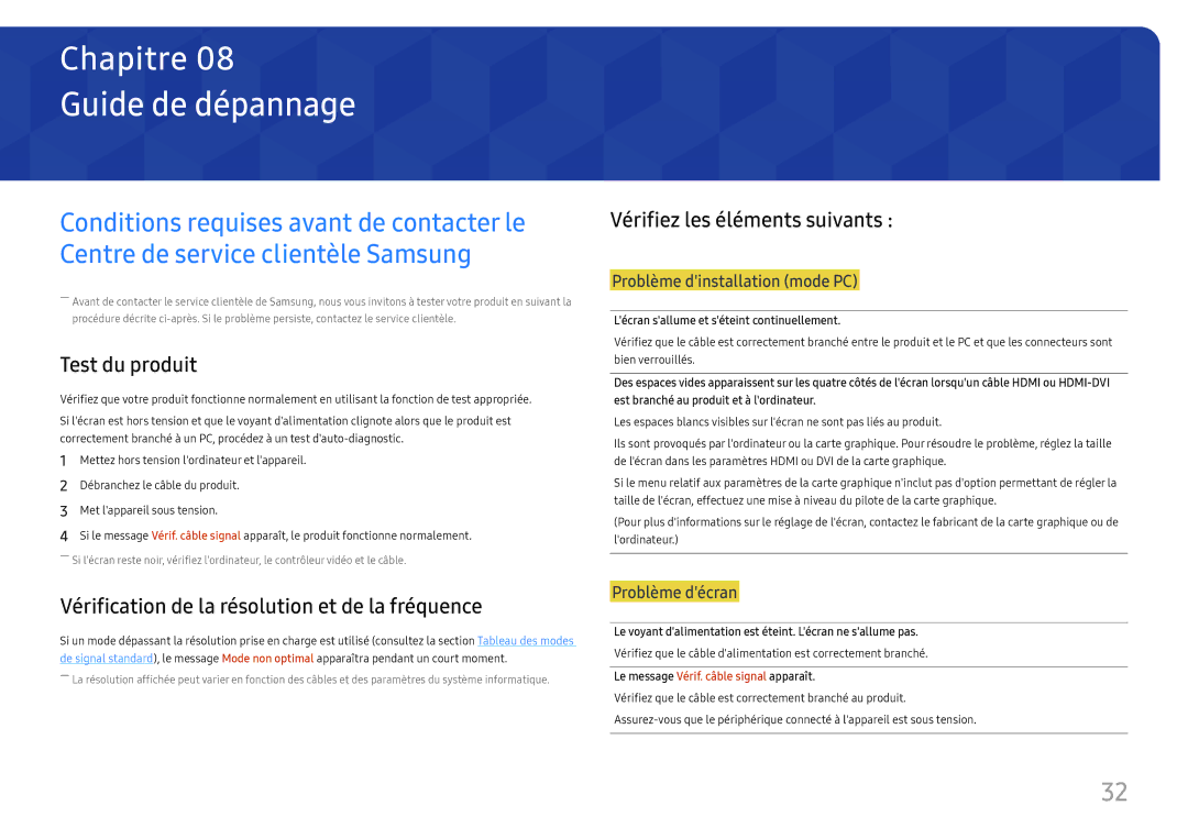 Samsung LC27F581FDUXEN manual Guide de dépannage, Test du produit, Vérification de la résolution et de la fréquence 