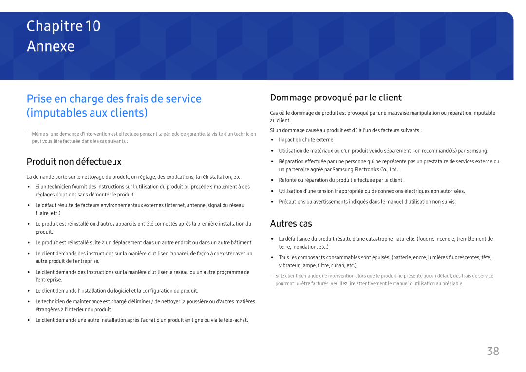 Samsung LC27F581FDUXEN manual Annexe, Prise en charge des frais de service imputables aux clients, Produit non défectueux 