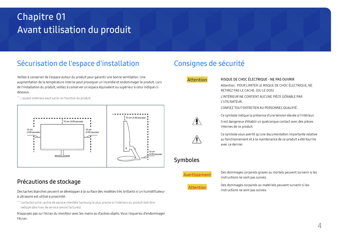 Samsung LC27F581FDUXEN manual Avant utilisation du produit, Sécurisation de lespace dinstallation, Consignes de sécurité 