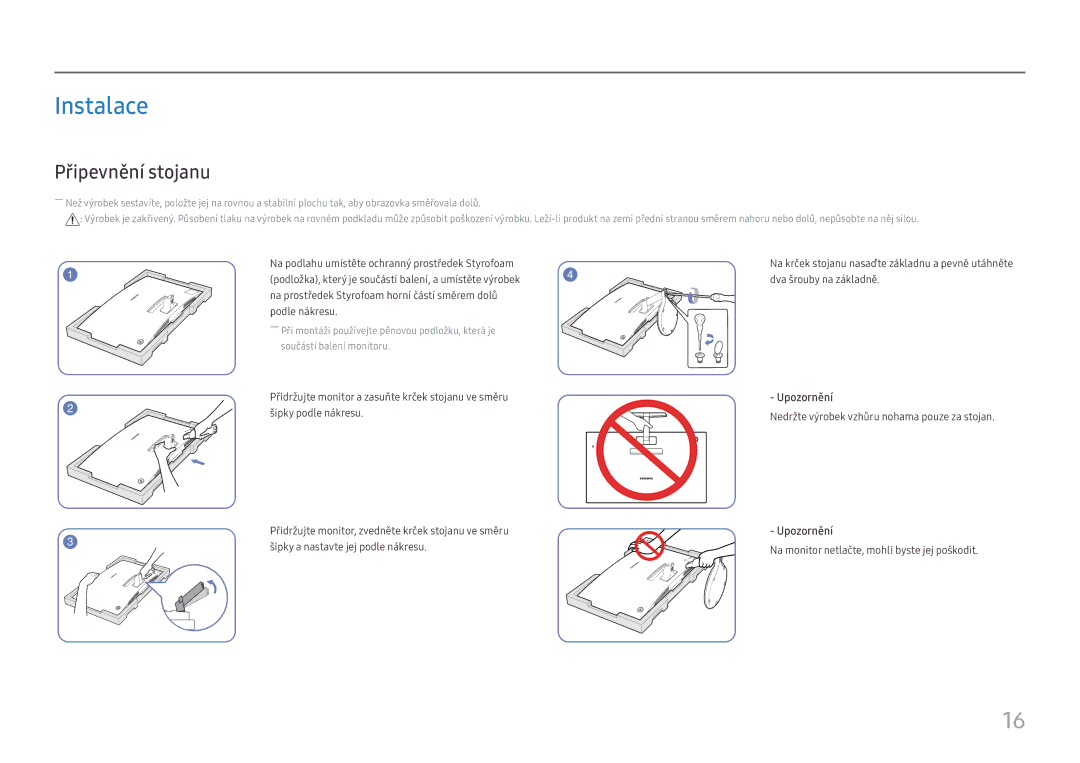 Samsung LC27F581FDUXEN manual Instalace, Připevnění stojanu, Upozornění 