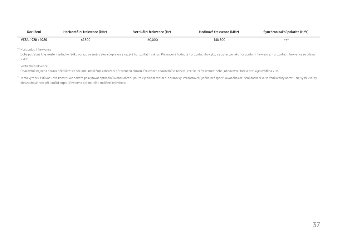 Samsung LC27F581FDUXEN manual Vertikální frekvence Hz Hodinová frekvence MHz, Synchronizační polarita H/V 