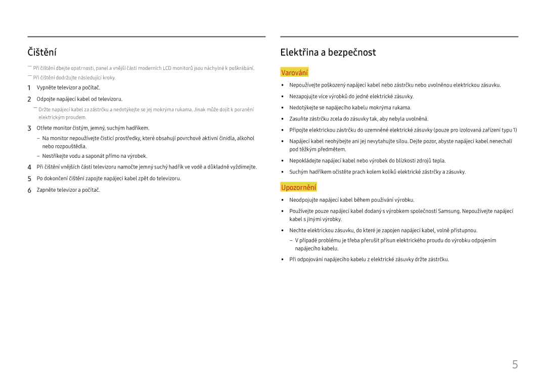 Samsung LC27F581FDUXEN manual Čištění, Elektřina a bezpečnost 