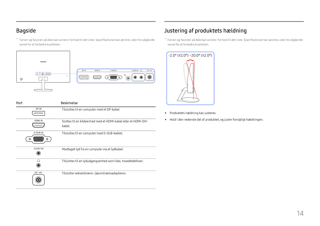 Samsung LC27F581FDUXEN manual Bagside, Justering af produktets hældning, PortBeskrivelse 