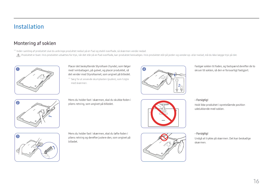 Samsung LC27F581FDUXEN manual Installation, Montering af soklen, Forsigtig 