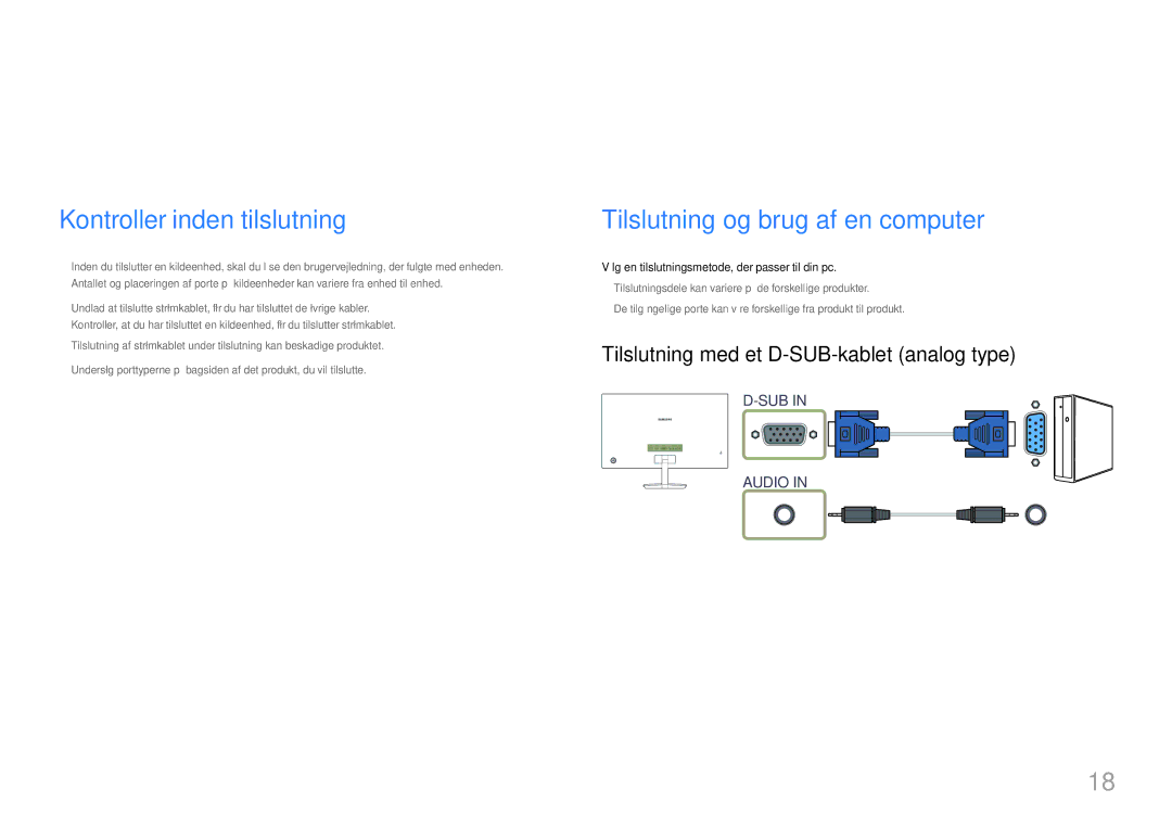 Samsung LC27F581FDUXEN manual Tilslutning og brug af en kildeenhed, Kontroller inden tilslutning 