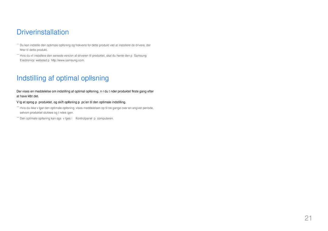 Samsung LC27F581FDUXEN manual Driverinstallation, Indstilling af optimal opløsning 