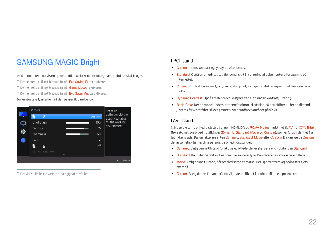 Samsung LC27F581FDUXEN manual Skærmopsætning, Samsung Magic Bright 
