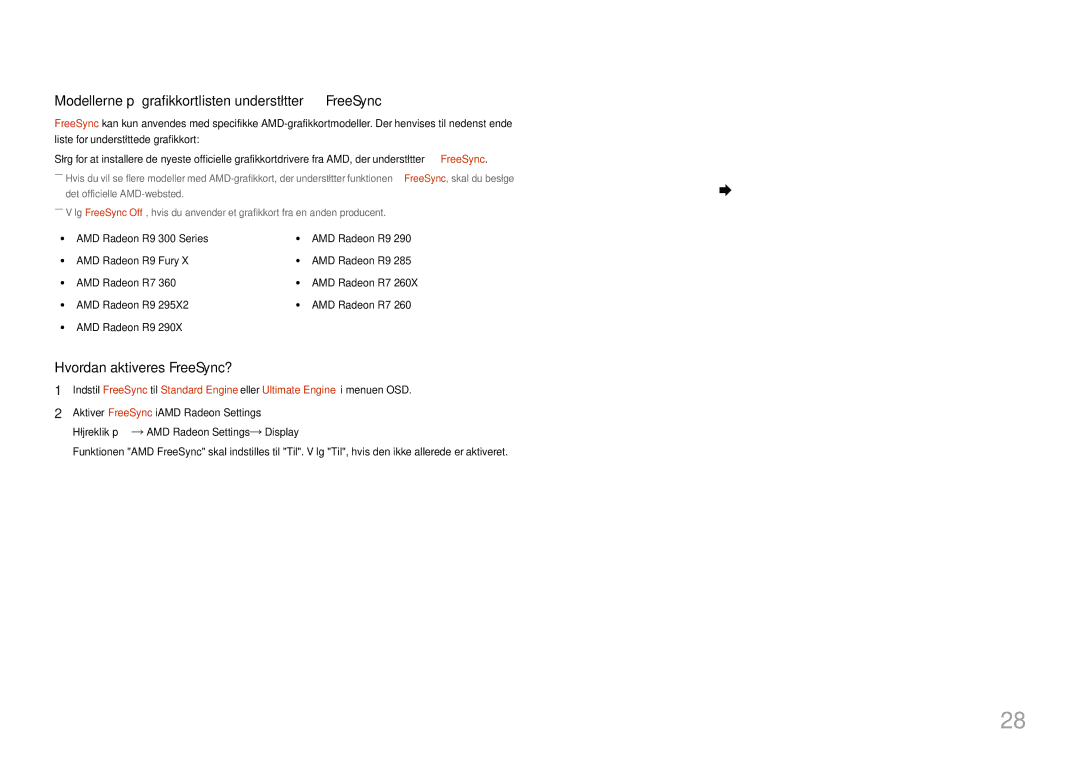 Samsung LC27F581FDUXEN manual Modellerne på grafikkortlisten understøtter FreeSync 
