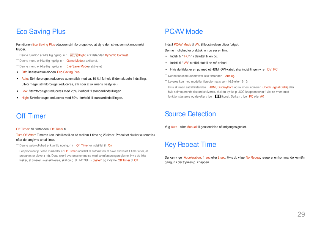 Samsung LC27F581FDUXEN manual Eco Saving Plus, PC/AV Mode, Off Timer, Source Detection, Key Repeat Time 