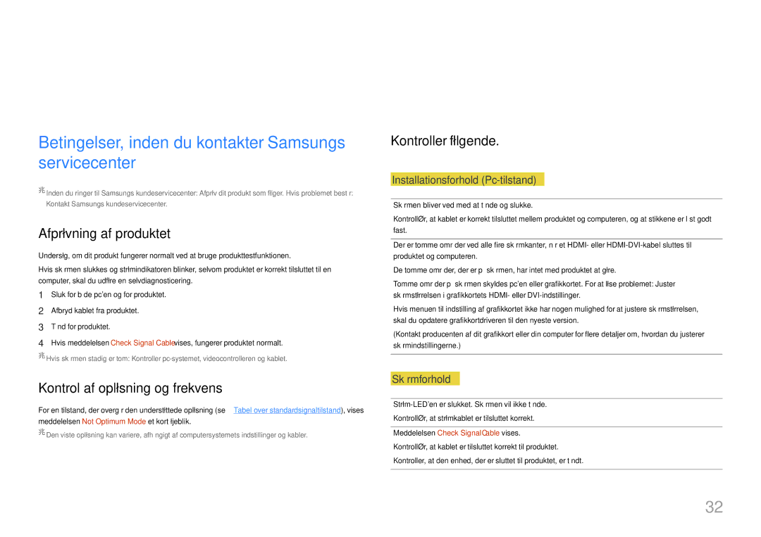 Samsung LC27F581FDUXEN manual Problemløsningsvejledning, Betingelser, inden du kontakter Samsungs servicecenter 