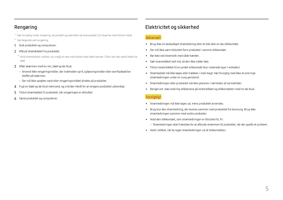 Samsung LC27F581FDUXEN manual Rengøring, Elektricitet og sikkerhed 